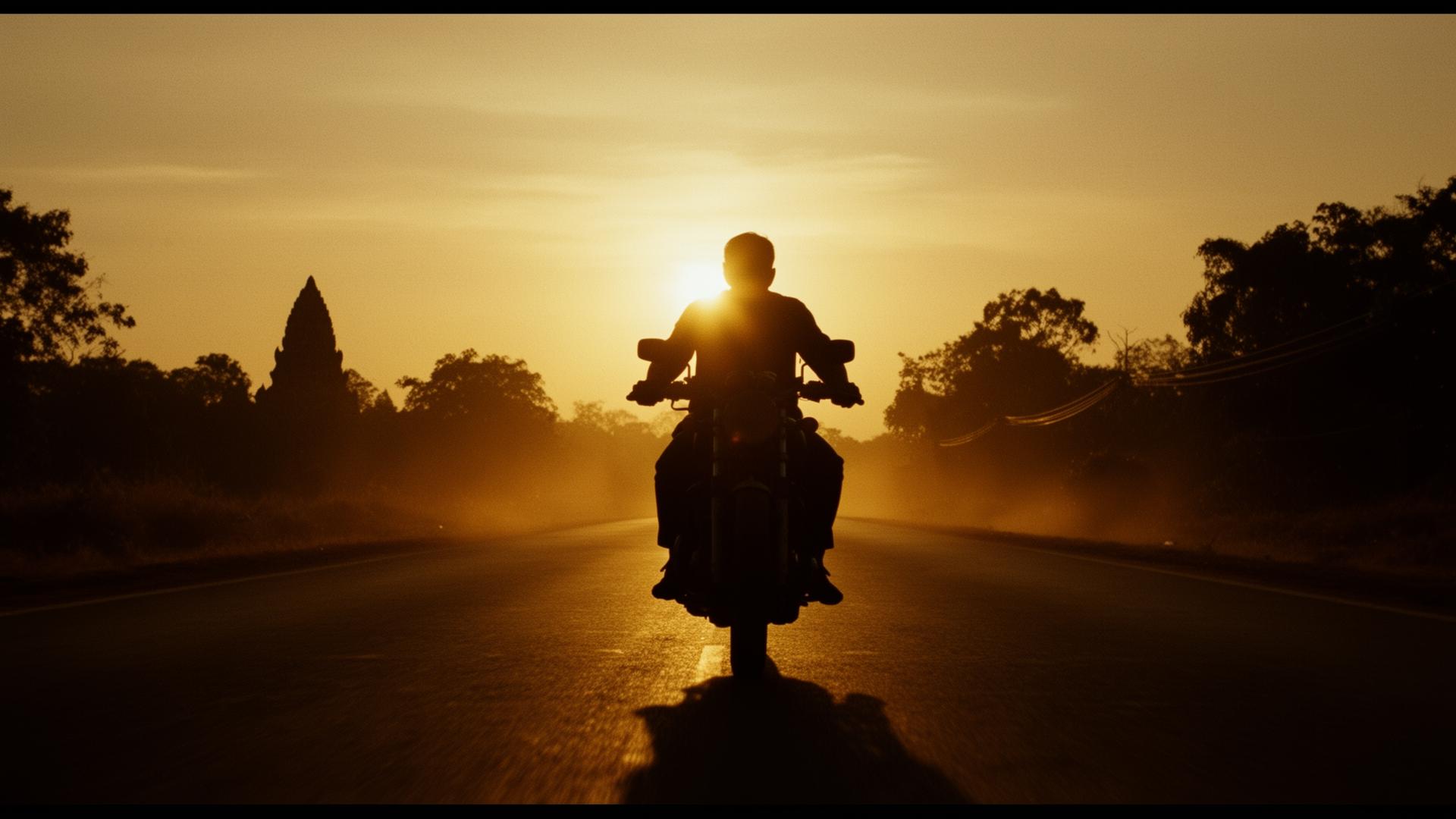 Silhouette riding a motorcycle into a Cambodian sunset